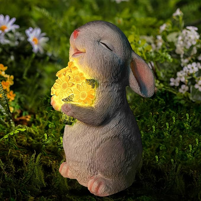 Solar Rabbit Garden Statues Outdoor Bunny Decor Resin Rabbit Figurine Holding Sunflower with LED Lights for Proch Patio Lawn Yard Mothers Day Gardening Gifts for Mom Grandma