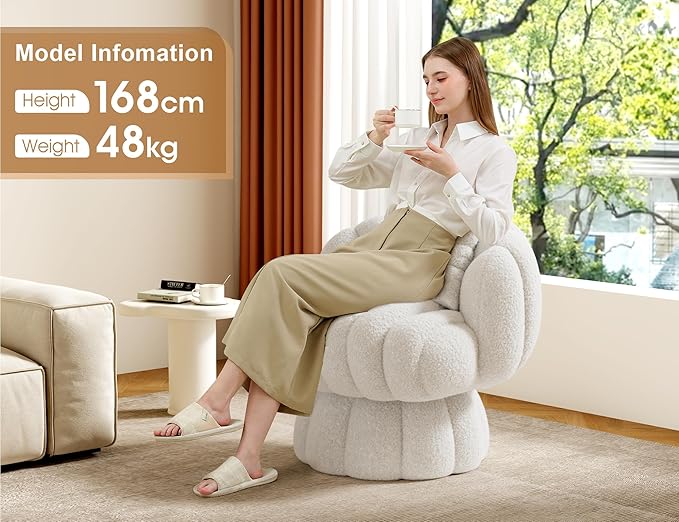 Mid Century Modern 360 Degree Barrel Swivel Accent Vanity Chair,Fluffy Sherpa Fabric Lounge Wide Upholstered Pumpkin Reading Chair, Round Cloud Armchair for Living Room,Bedroom,Vanity(Beige)