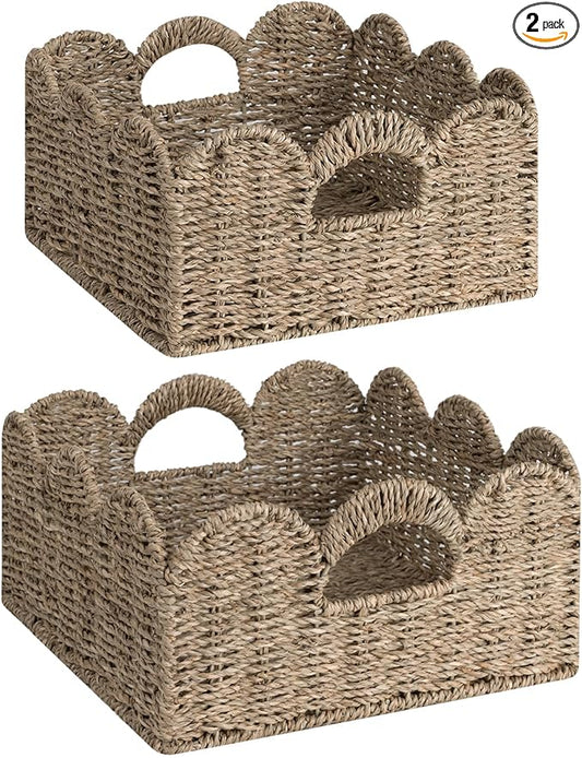 StorageWorks Scalloped Wicker Basket, Hand-woven Rattan Baskets with Built-in Handles, Seagrass Basket for Organizing and Decor, 2 Pack