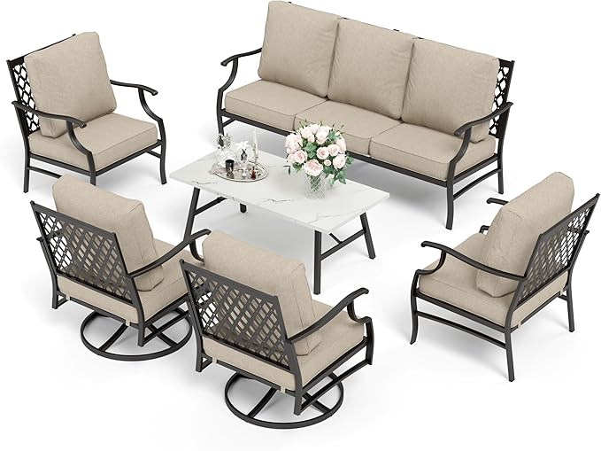 HERA'S HOUSE 6 Piece Patio Furniture Set, 2 x Swivel Chair, 2 x Fixed Chair, 1 x 3-Seat Sofa with Marbling Coffee Table, All Cushioned Outdoor Conversation Set for Lawn Garden Backyard