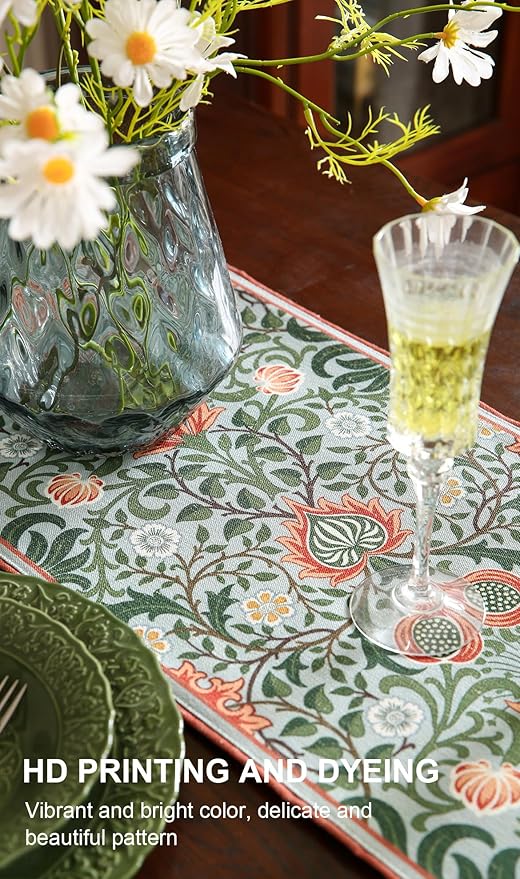 ISAENNE Designer French Green Elegant Linen Table Runner 87 Inches Long,Colorful Flower Pattern Soft Table Runners for Dining Tables,Thanksgiving,Kitchen Tables,Christmas,12"*87"-Naples B