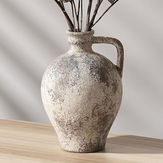 Antique Ceramic Vase, 8.3 Inch Terracotta Vase with Handle, Tuscan Decor Decorative Vase, Rustic Vase for Home Decor, Farmhouse, Living Room, Floor, Wedding, Christmas- Gray