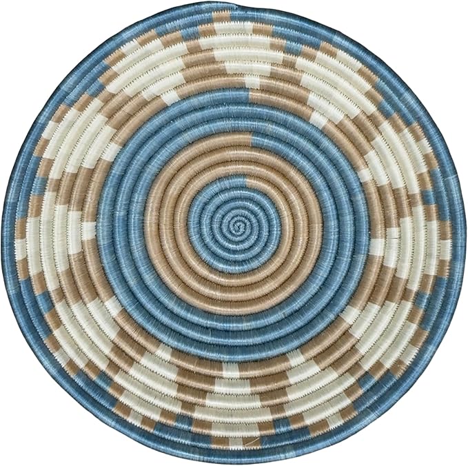 Handwoven African Basket Handmade sisal Fruit Bowl Wall Hanging decorative Baskets for Home Living Room Kitchen Centerpiece Zen Designs Arts and Crafts (Blue Tan Natural, 10in diameter)