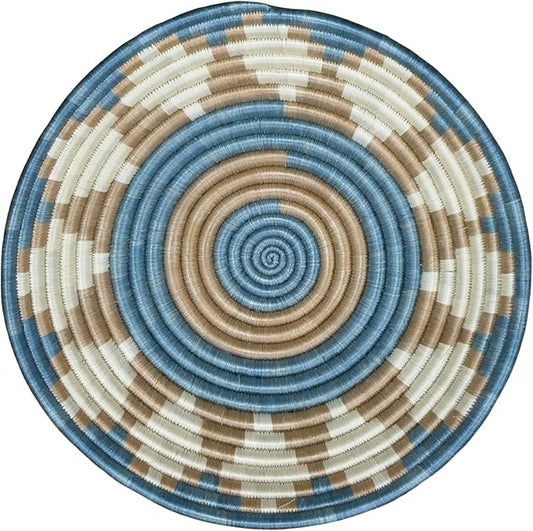 Handwoven African Basket Handmade sisal Fruit Bowl Wall Hanging decorative Baskets for Home Living Room Kitchen Centerpiece Zen Designs Arts and Crafts (Blue Tan Natural, 10in diameter)