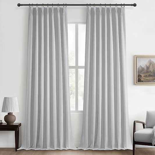 Light Grey Blackout Curtains 102 Inch Long for Living Room, Pinch Pleated Flax Linen Modern Insulated Drapes Bedroom Ceiling to Floor Curtain 2 Panels Set Privacy Windows (40"Wx102"Lx2 Light Gray)