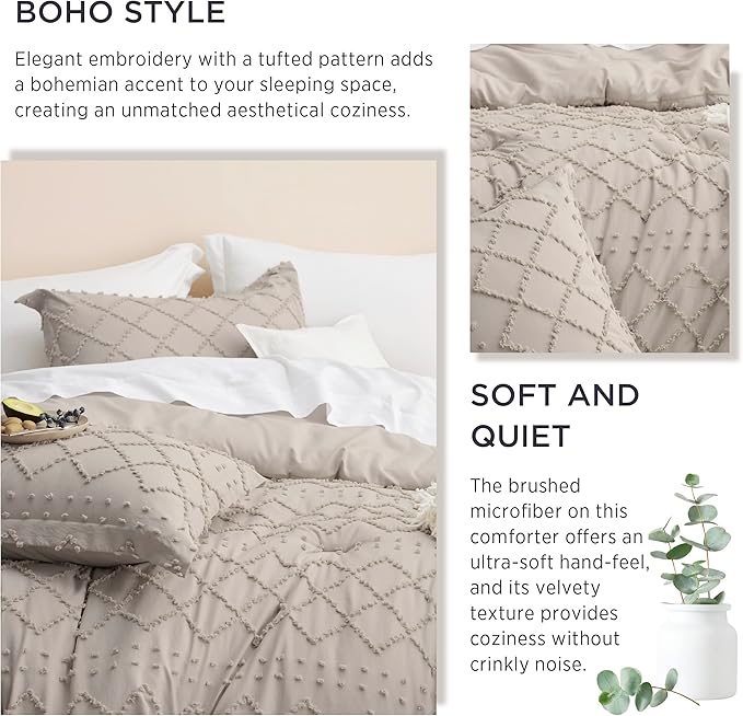 Bedsure Twin Comforter Set - Linen Comforter, Boho Tufted Shabby Chic Bedding for Kids, 2 Pieces Vintage Farmhouse Bed Set for All Seasons, Fluffy Soft Bedding with 1 Pillow Sham