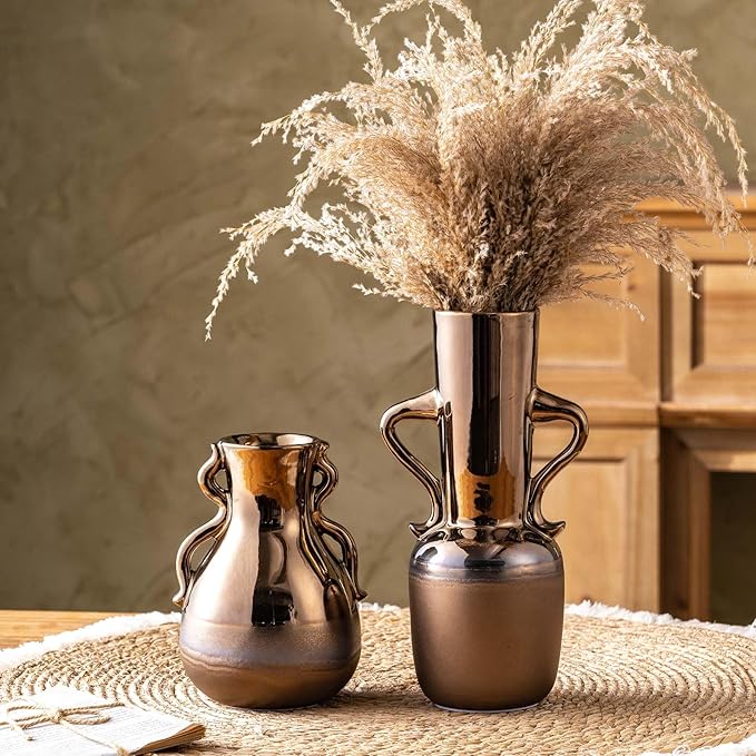 Gold Ceramic Vase with Handles, Brown Rustic Farmhouse Vintage Flower Vases Home Decor, Modern Amber Brown Tall Centerpiece Floral Small Vase for Living Room, Bedroom, Office Metal Glaze Finish 7.3 In