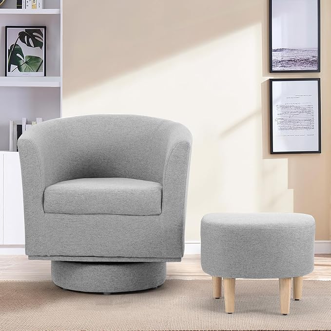 DAZONE Swivel Accent Chair, Modern Barrel Chair with Ottoman, Comfortable Living Room Chairs Upholstered Armchairs 360 Degree Swivel Round Club Tub Armchair for Bedroom Reading Room, Grey
