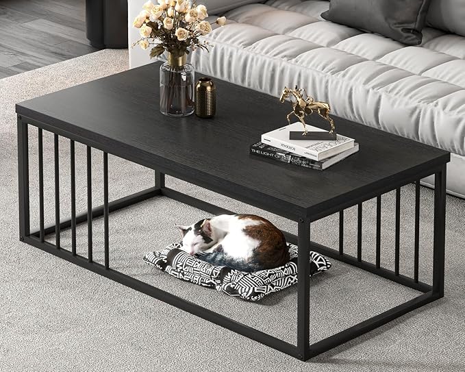 FOLUBAN Black Coffee Table, Modern Industrial Wood and Metal Center Table, Rectangle Cocktail Tea Table for Living Room, Black, 43.3 Inch