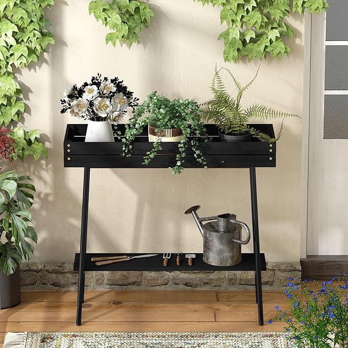 BAMBANG Bamboo Plant Stand Indoor, 2 Tier Small Plant Table, Tall Plant Stand for Indoor Plants, Window Sill Plant Shelf, Flower Pot Holder Plant Bench Plant Rack for Living Room Outdoor, Black