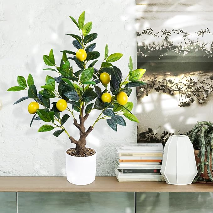 24Inch Fake Lemon Tree, Lemon Decor for Tabletop, Desk, Centerpiece, Home, Kitchen, Living Room, Artificial Potted Plants with White Planter and Stone Cover