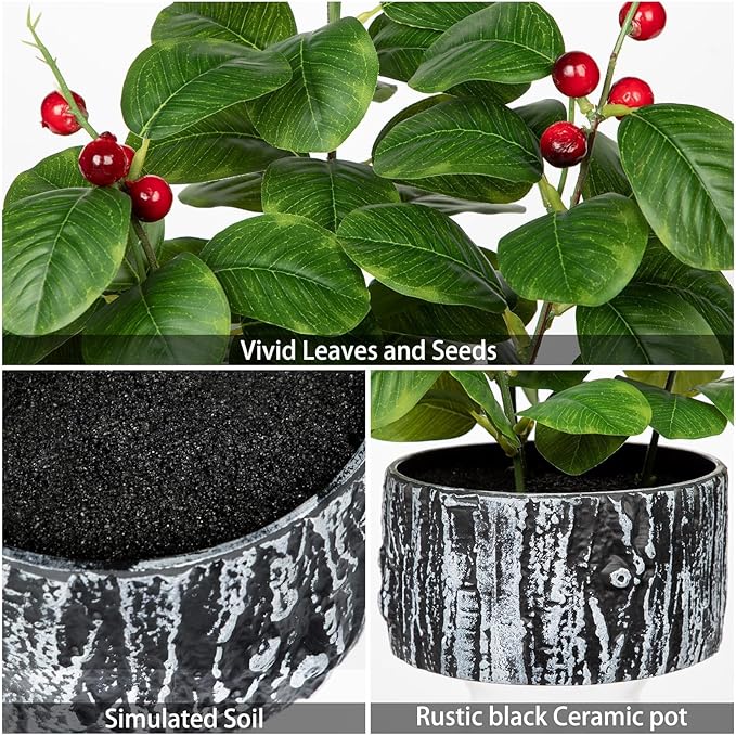 Artificial Plants Decor Greenery Fake Ficus Leaf with Red Seeds Indoor Potted 14" Fake Plant in Rustic Black Ceramic Planter for Farmhouse Room Christmas Kitchen Office Table Desk Decor