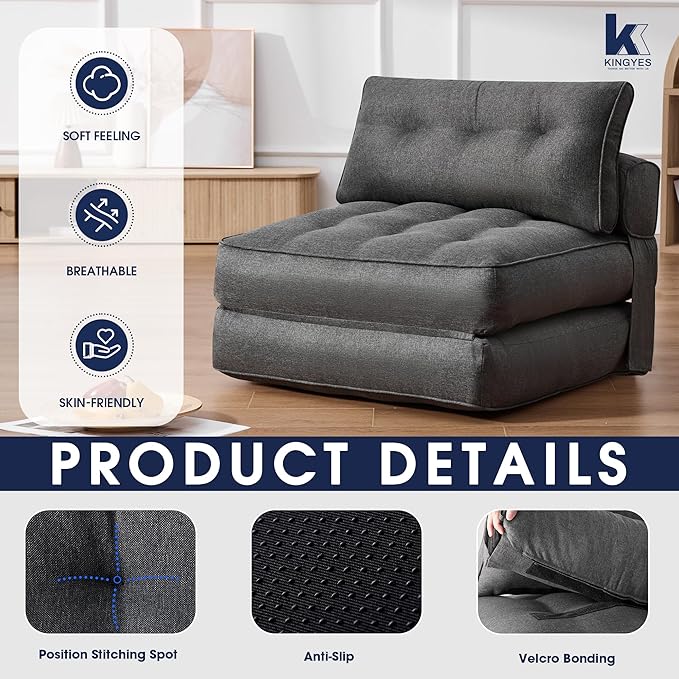 KINGYES Folding Sofa Bed, Convertible Sleeper Chair with Pillow, Foldable Single Futon Chair Floor Sofa Lounge for Living Room, Grey