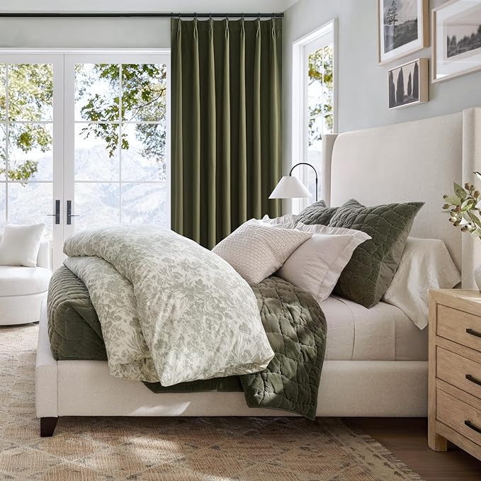 Topfinel Olive Green Linen Blackout Curtains 108 Inches Long for Living Room Large Window, Pinch Pleated Cold Blocking Boho Dark Green Track Curtains for Living Room 2 Panels,9 FT with Hooks Rings