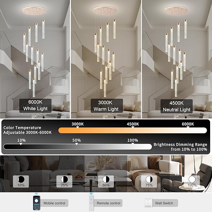 12-Lights High Ceiling Crystal Staircase Chandelier Gold, Modern Spiral Raindrop Dimmable LED Bubble Cluster Ceiling Hanging Lighting Fixture for Foyer Living Room Entrance Remote Control