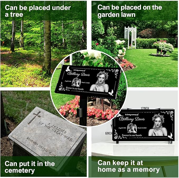 Personalized Headstone with Photo, Memorial Stone, Headstones for Graves, Grave Markers, Black Granite Garden Stone, Memorial Plaques for Outdoor, Grave Decoration for Cemetery (Picture right)