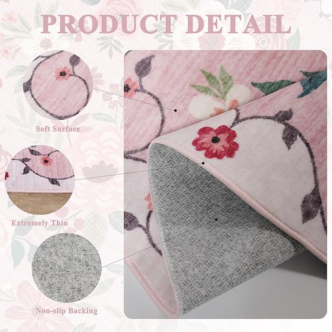 DUKINO 3x4 Area Rug, Lightweight Non Slip Washable Floral Rug, Indoor Low Pile & Non-Shedding Boho Design Carpets for Bedroom, Kitchen, Dining Room, Pink