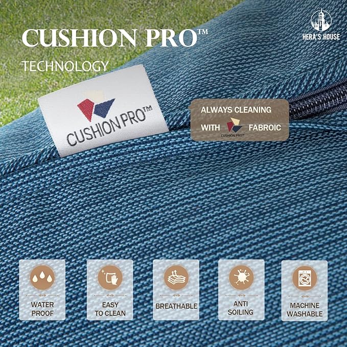 HERA'S HOUSE 6 Piece Patio Furniture Set, 2 x Metal Cushioned Chair, 2 x Cushioned Ottoman, 1 x 3-Seat Sofa with Marbling Coffee Table, Outdoor Conversation Set for Lawn Garden Backyard, Pacific Blue