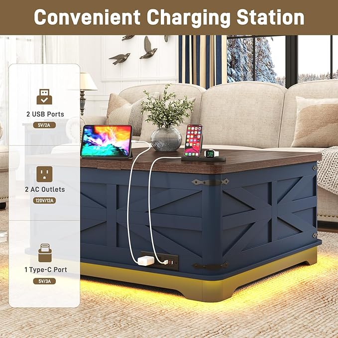 36" Farmhouse LED Lift Top Coffee Table with Storage and Power Outlets, Square Wood Living Room Tables with LED Lights & Large Hidden Space, Lift Wooden Barn Door Center Table, Navy Blue