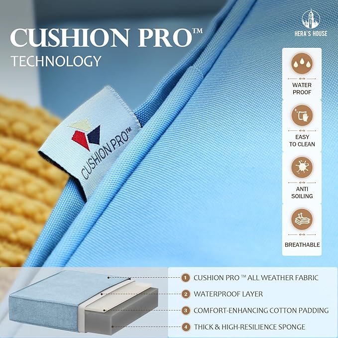 HERA'S HOUSE 4 Piece Patio Furniture Set, 2 x Metal Frame Cushioned Chair, 3-Seat Sofa with Marbling Coffee Table, All Weahter Outdoor Conversation Set for Lawn Garden Backyard, Blue