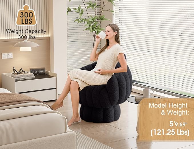 Mid Century Modern 360 Degree Barrel Swivel Accent Sofa Chair,Fluffy Sherpa Fabric Lounge Wide Upholstered Pumpkin Reading Chair, Round Cloud Armchair for Living Room,Bedroom,Vanity(Black)