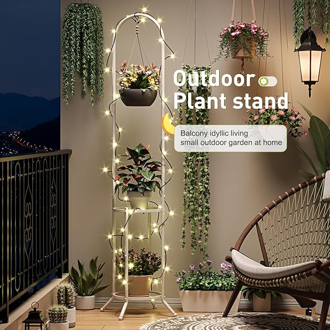 BMOSU Plant Stand with Hooks Indoor Outdoor Corner Tall Plant Stand Heavy-Duty Metal 3-Tier Plant Shelf Holder Rack for Patio Garden Balcony Living Room Bedroom(circular White)