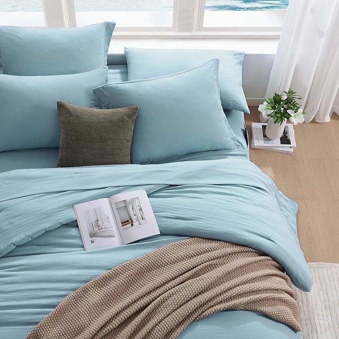 WRENSONG Full Size Comforter Sets- 7 Pieces Soft Blue Bed in a Bag with Fitted Sheet, Flat Sheet, 2 Pillow Shams, 2 Pillowcases, Warm Bedding Sets for All Season