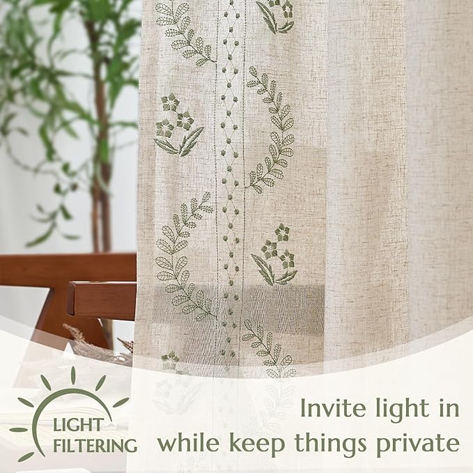 jinchan Belrose Linen Curtains for Bedroom Floral Curtains 96 Inch Length Linen Blend Sage Green Embroidered Drapes Farmhouse Flower Patterned Drapes for Living Room Window Treatments Set 2 Panels