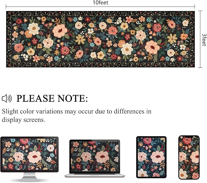 DUKINO 3x10 Runner Rug for Hallway, Washable Kitchen Floral Runner Rug with Non Slip Backing, Low Pile Soft Boho Carpet for Kitchen, Hallway, Entryway, Laundry, Bedroom, Black