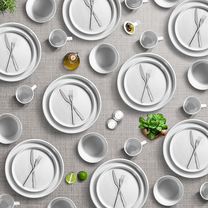 Zulay Kitchen Terra Stoneware 32-Piece Dinnerware Set, Artisanal Ceramic Plates and Bowls Set Crafted at 2300℉ - Service for 8, Frost White