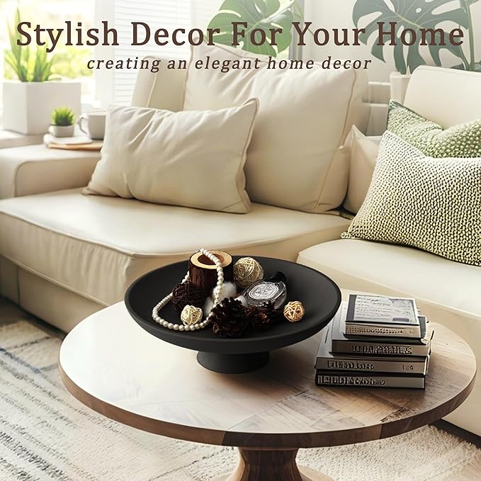 Modern Resin Pedestal Decorative Bowl, Large Fruit Bowl for Kitchen Counter, Stylish Key Bowl for Entryway Table, Matte Black