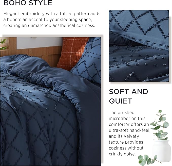 Bedsure Twin Comforter Set - Navy Blue Comforter, Boho Tufted Shabby Chic Bedding for Kids, 2 Pieces Vintage Farmhouse Bed Set for All Seasons, Fluffy Soft Bedding with 1 Pillow Sham