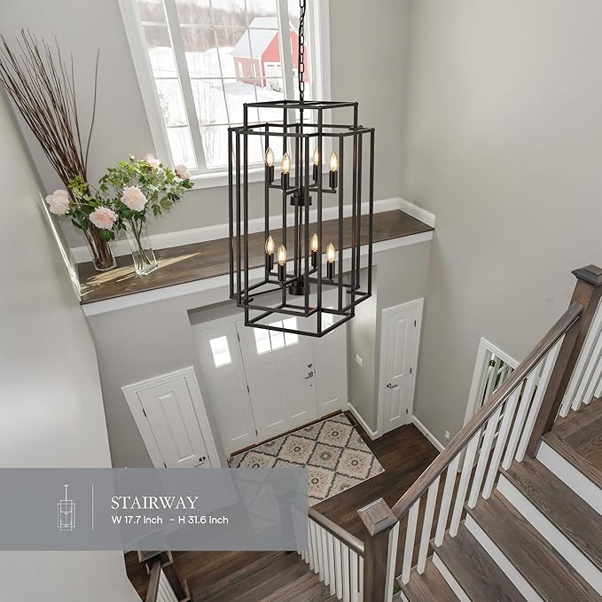 8-Light Lantern Tiered Pendant Light Fixtures, Black Metal Farmhouse Chandelier Hall Foyer Hanging Chandelier for Kitchen Island Dining Room Living Room Foyer Entryway, Black