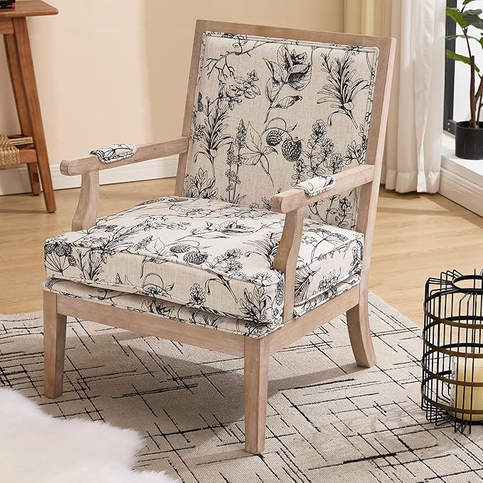 Floral Accent Chair Mid-Century Modern Living Room Chairs Upholstered Fabric Reading Chair Lounge Armchair with Solid Wood Frame & Removable Cushion for Bedroom, Balcony, Floral Pattern