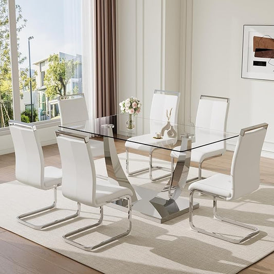 63” Glass Dining Table Set for 6,Modern Dining Room Table Set for 6, Kitchen Table and PU Leather Chairs, Rectangle Tempered Glass Table Set with Chrome Silver Legs