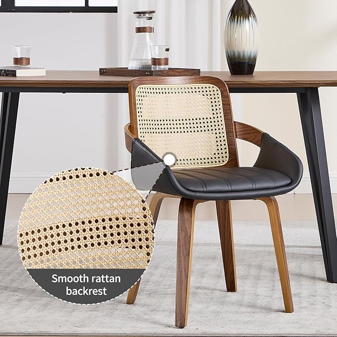 Dining Chairs Set of 2, Mid Century Modern Dining Room Chairs with Arms and Rattan Back PU Leather Upholstered Bentwood Kitchen Chairs for Home Restaurant Office - Black