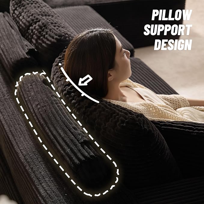 107" Boneless Couch with Deep Seat, Modular Sectional Sofa, Cloud Sectional Couch for Living Room, No Assembly Required, Corduroy, U-Shape 3 Seater Right, Black