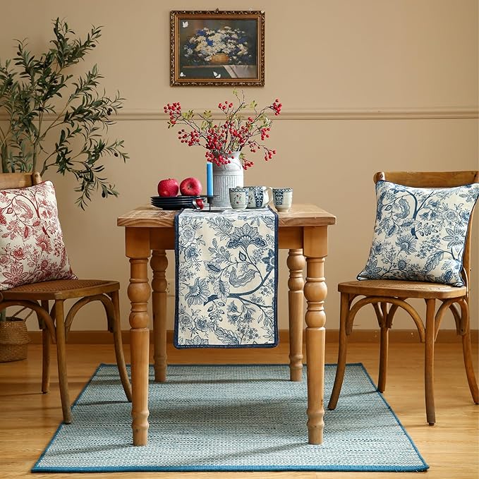 Designer Chinoiserie Elegant Linen Table Runner 87 Inches Long,Blue Floral Pattern Decor Table Runners for Thanksgiving,Dining Room,Banquet,Kitchen Tables,Christmas,12"*87"-Ruyi B