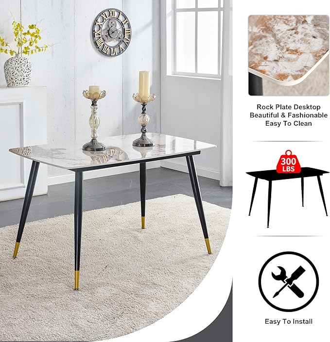 Granite Modern Dining Table Set for 4, 50" Sintered Stone Kitchen Table and 4 Upholstered Suede Leather Chair Dining Room Table Set for 4(1Marble Table and Brown Chairs Set of 4)