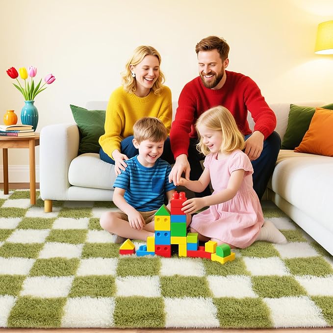 Checkered Rug for Living Room 8x10, Ultra Fluffy Fuzzy Shag Large Area Rug for Bedroom, Modern Plush Soft Upgrade Non-Slip Carpet for Kids Girls and Boys Room Dorm Home Decor, Cream and Green