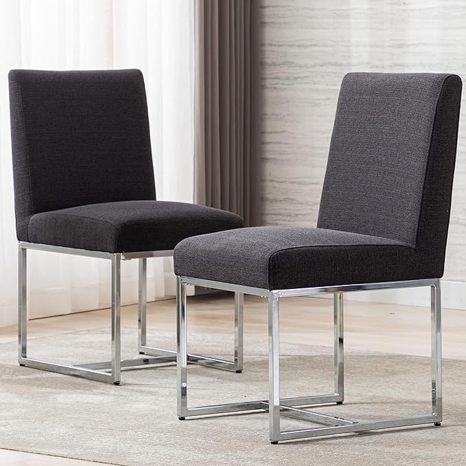VESCASA Linen Upholstered Dining Chairs Set of 4, Mid Century Modern Padded Chair with Chrome Metal Frame for Restaurant, Dining Room, Kitchen, Charcoal