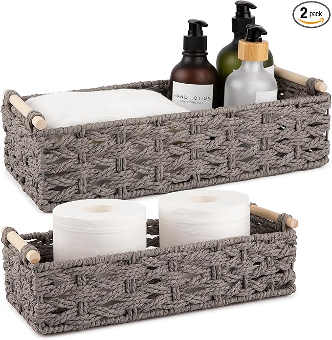 OIAHOMY Toilet Paper Baskets Handmade Paper Rope Decorative Wicker Storage Tank Shelf Cabinet Organizer for Bathroom Home, Set of 2, Grey