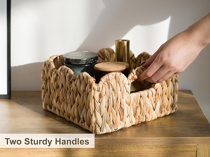 StorageWorks Scalloped Wicker Basket, Hand-woven Rattan Baskets with Built-in Handles, Water Hyacinth Basket for Organizing and Decor, 2 Pack