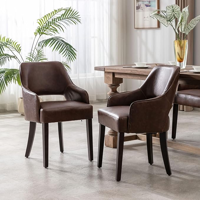 PU Leather Dining Chairs Set of 2 Upholstered Farmhouse Kitchen Chair with Arms Side Chairs Wood Accent Chair for Living Room/Dining Room/Bedroom/Restaurant, Brown