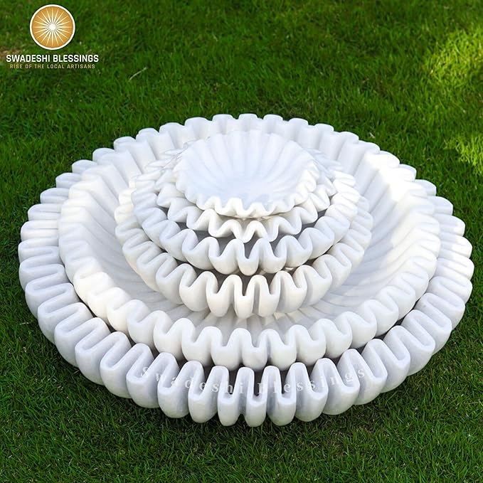 SWADESHI BLESSINGS HandCrafted Marble Ruffle Bowl/Antique Scallop Bowl/Fruit Bowl/Vintage Ring Dish/Decorative Flower Dish/HouseWarming Gift/Wedding Gifts/Urli (10 Inches)