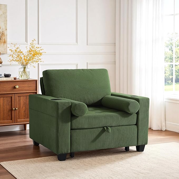 UIXE 3-in-1 Sleeper Chair Pull Out Sofa Bed, Convertible Reclining Seat Upholstered Armchair, Adjustable Backrest Recliner Chair with Side Pockets, Cup Holder & USB Ports - Green