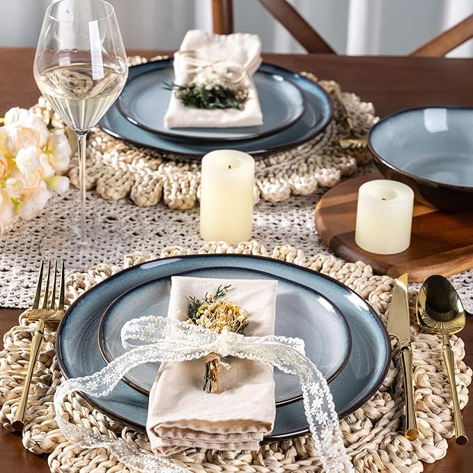 LeRatio Ceramic Dinnerware Sets for 4,Wavy Reactive Glaze Stoneware Plates and Bowls Sets,Highly Scratch Resistant | Dishwasher & Microwave,Oven Safe Dishes Set(12PCS)