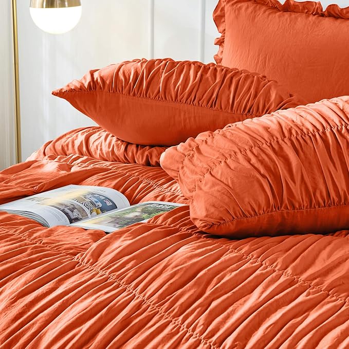 Bonlino Queen Comforter Set Coral Bedding - Ruched Comforter Queen Size Bed Set Boho Shabby Chic Comforter Fluffy 3 Piece Ruffle Comforter Set with Pillow Girl Bedding Soft