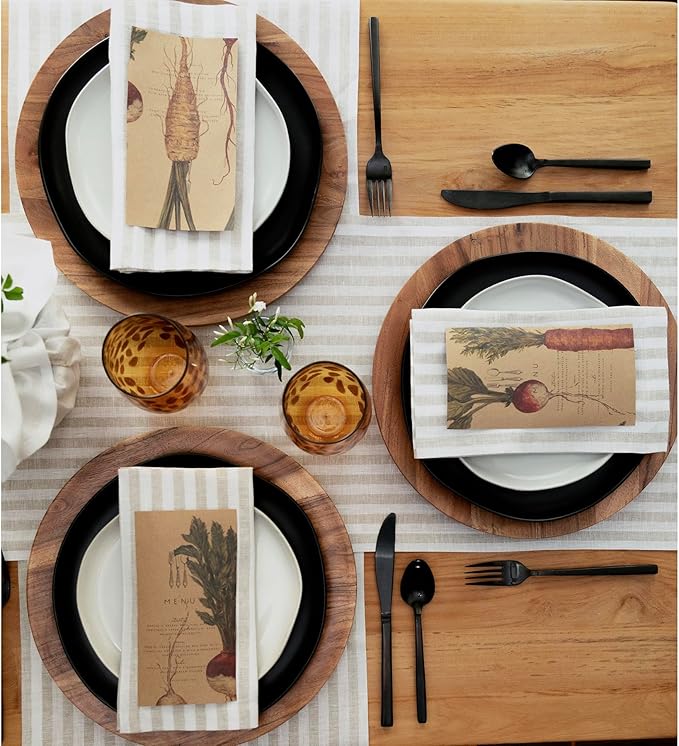Solino Home Linen Placemats Set of 4 - Amalfi Stripe Natural and White Placemats 14 x 19 Inch - 100% Pure Linen Place Mats for Fall, Autumn, Thanksgiving, Christmas, Holiday
