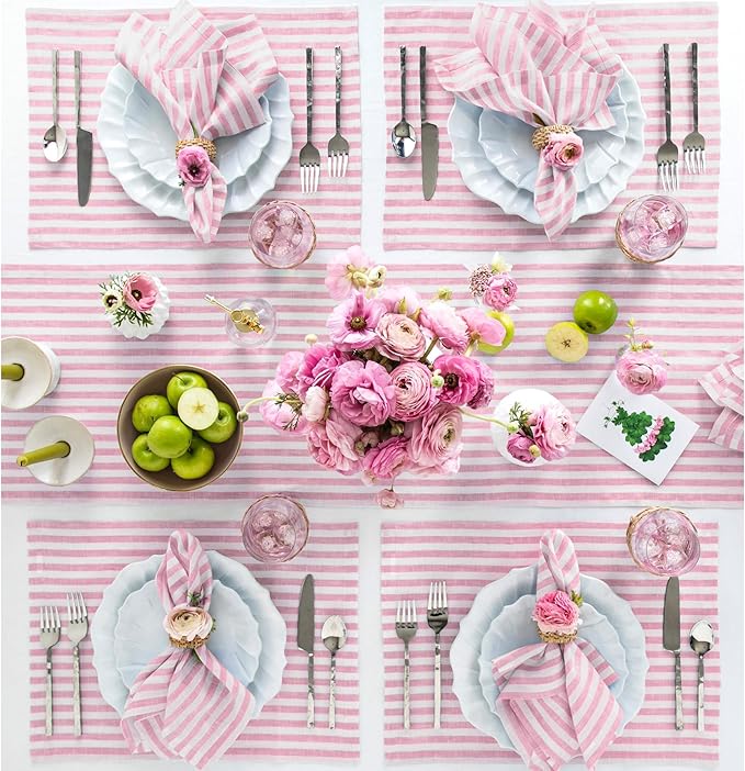 Solino Home Linen Placemats Set of 4 - Amalfi Stripe Cherry Blossom and White Placemats 14 x 19 Inch - 100% Pure Linen Place Mats